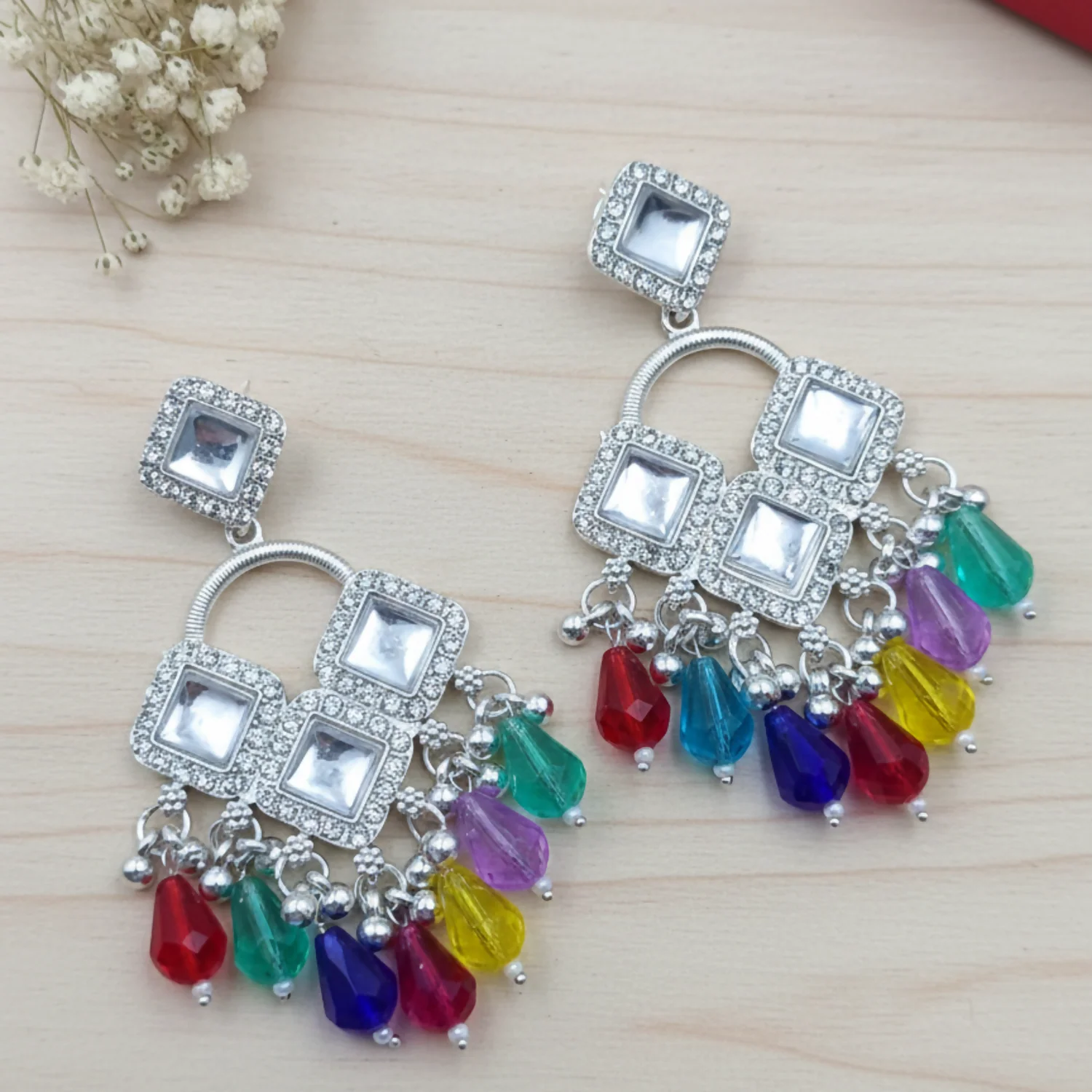 Elegant Silver Plated Chandelier Earrings Featuring Square Crystals and Multi Teardrop Beads - Image 2