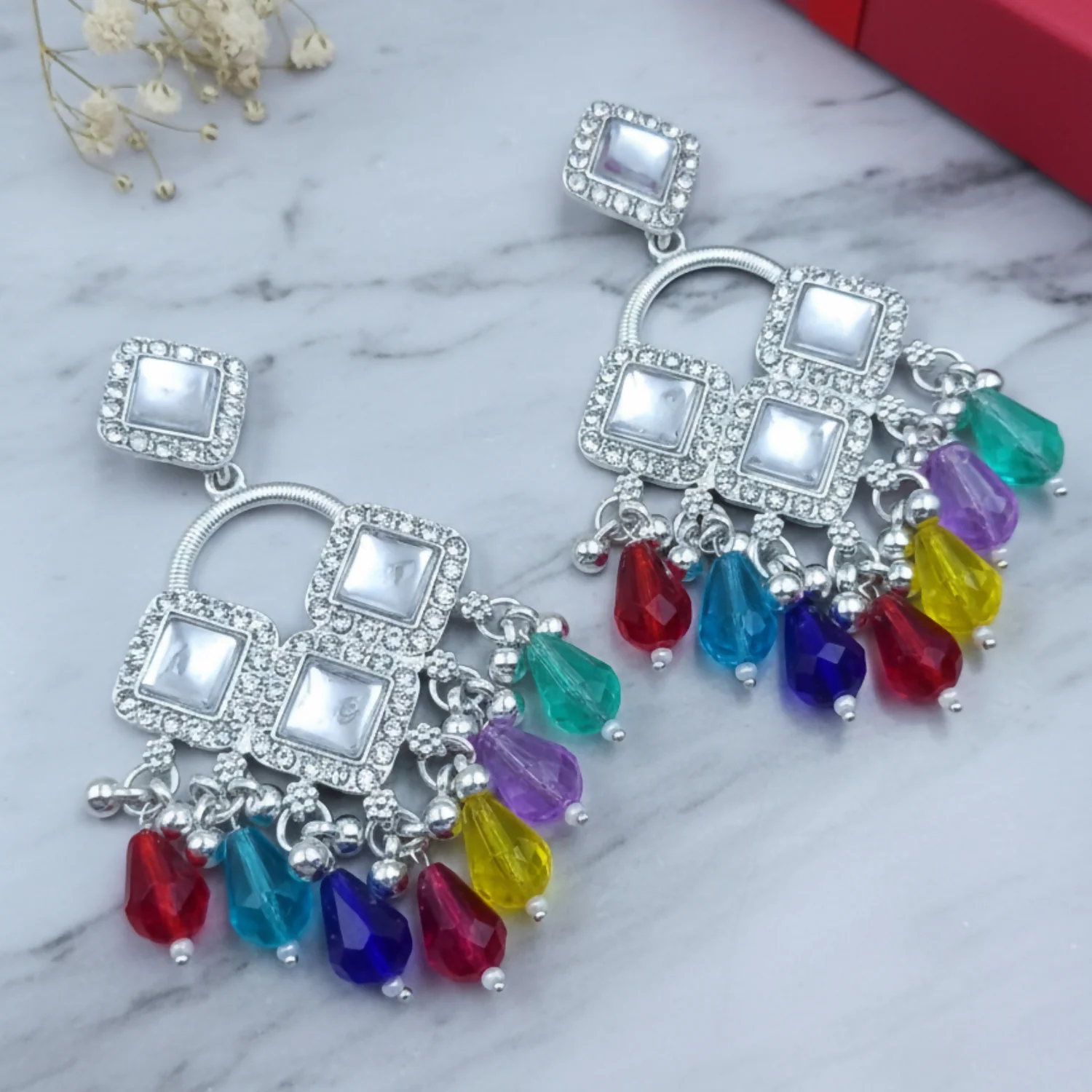 Elegant Silver Plated Chandelier Earrings Featuring Square Crystals and Multi Teardrop Beads - Image 3