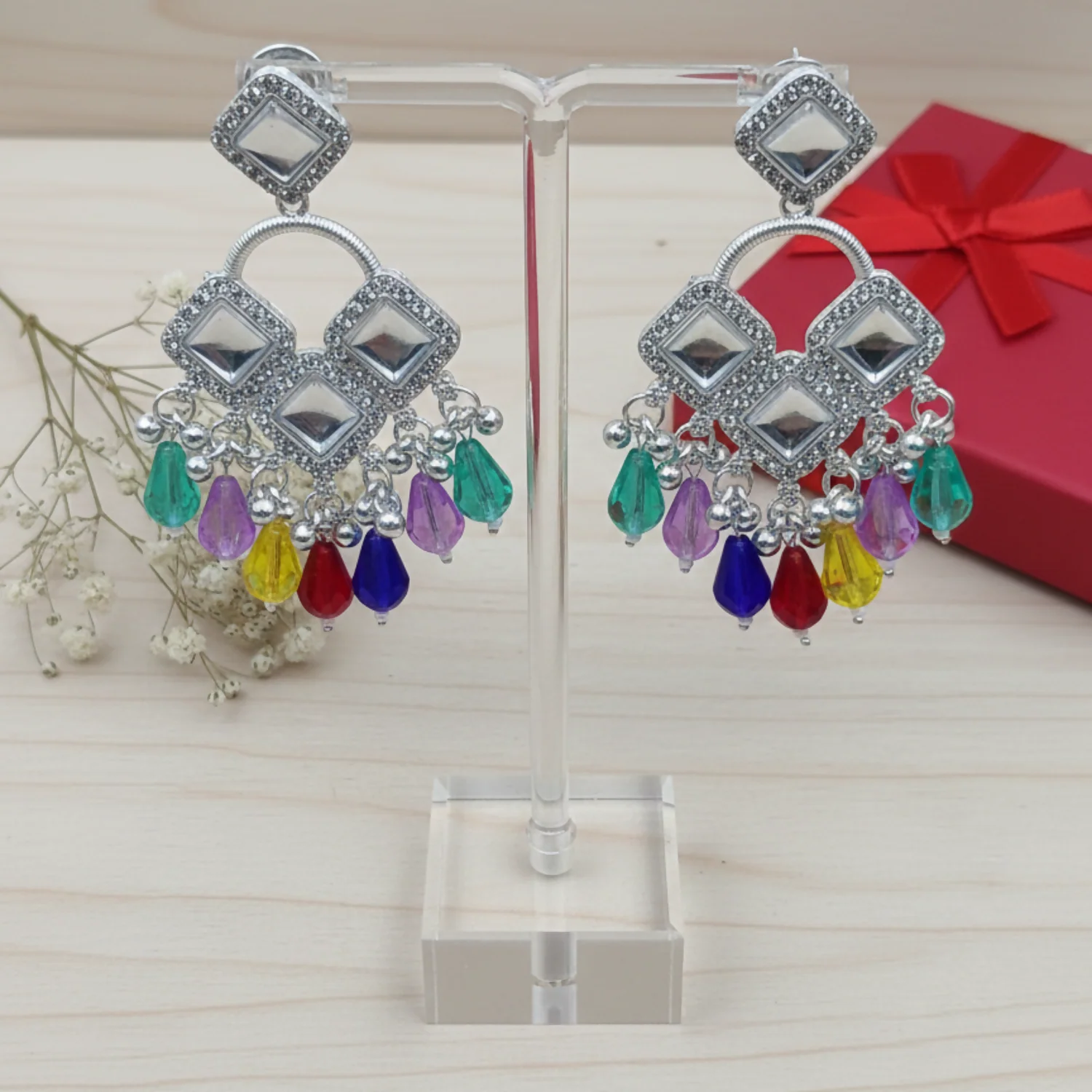 Elegant Silver Plated Chandelier Earrings Featuring Square Crystals and Multi Teardrop Beads - Image 4