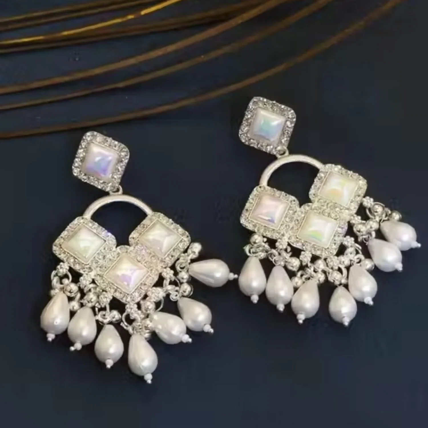 Elegant Silver Plated Chandelier Earrings Featuring Square Crystals and White Teardrop Beads - Image 2