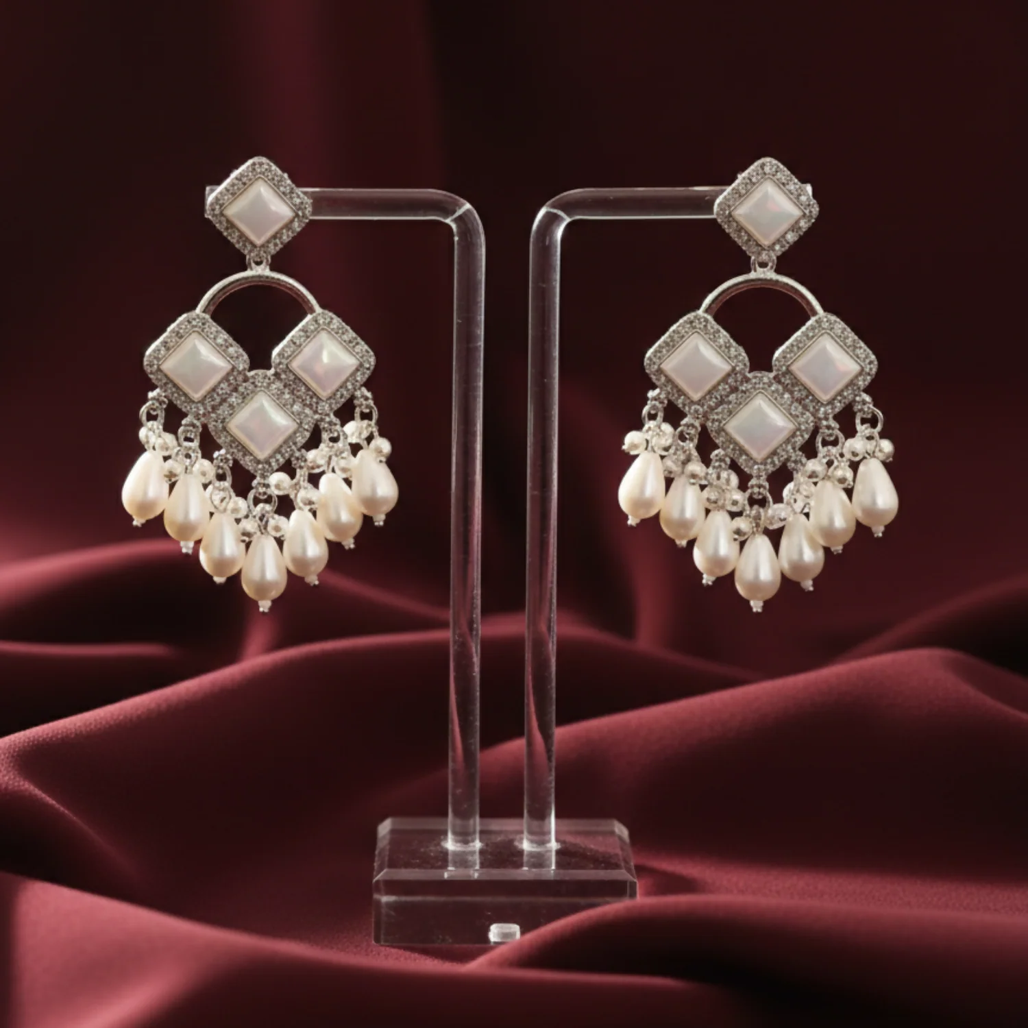 Elegant Silver Plated Chandelier Earrings Featuring Square Crystals and White Teardrop Beads - Image 3