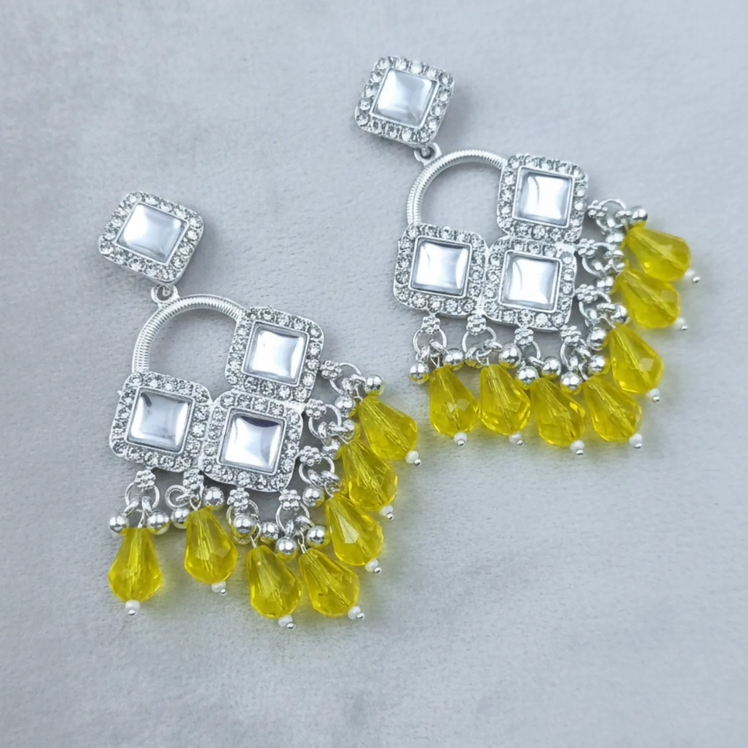 Elegant Silver Plated Chandelier Earrings Featuring Square Crystals and Yellow Teardrop Beads - Image 2