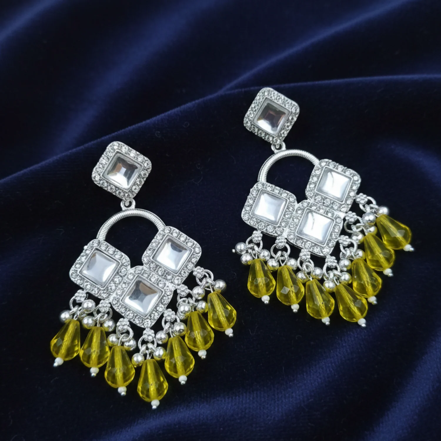 Elegant Silver Plated Chandelier Earrings Featuring Square Crystals and Yellow Teardrop Beads - Image 3