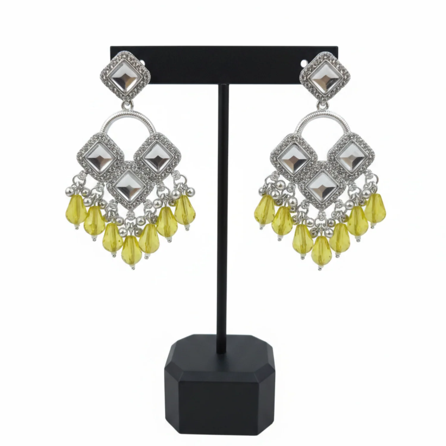 Elegant Silver Plated Chandelier Earrings Featuring Square Crystals and Yellow Teardrop Beads - Image 4