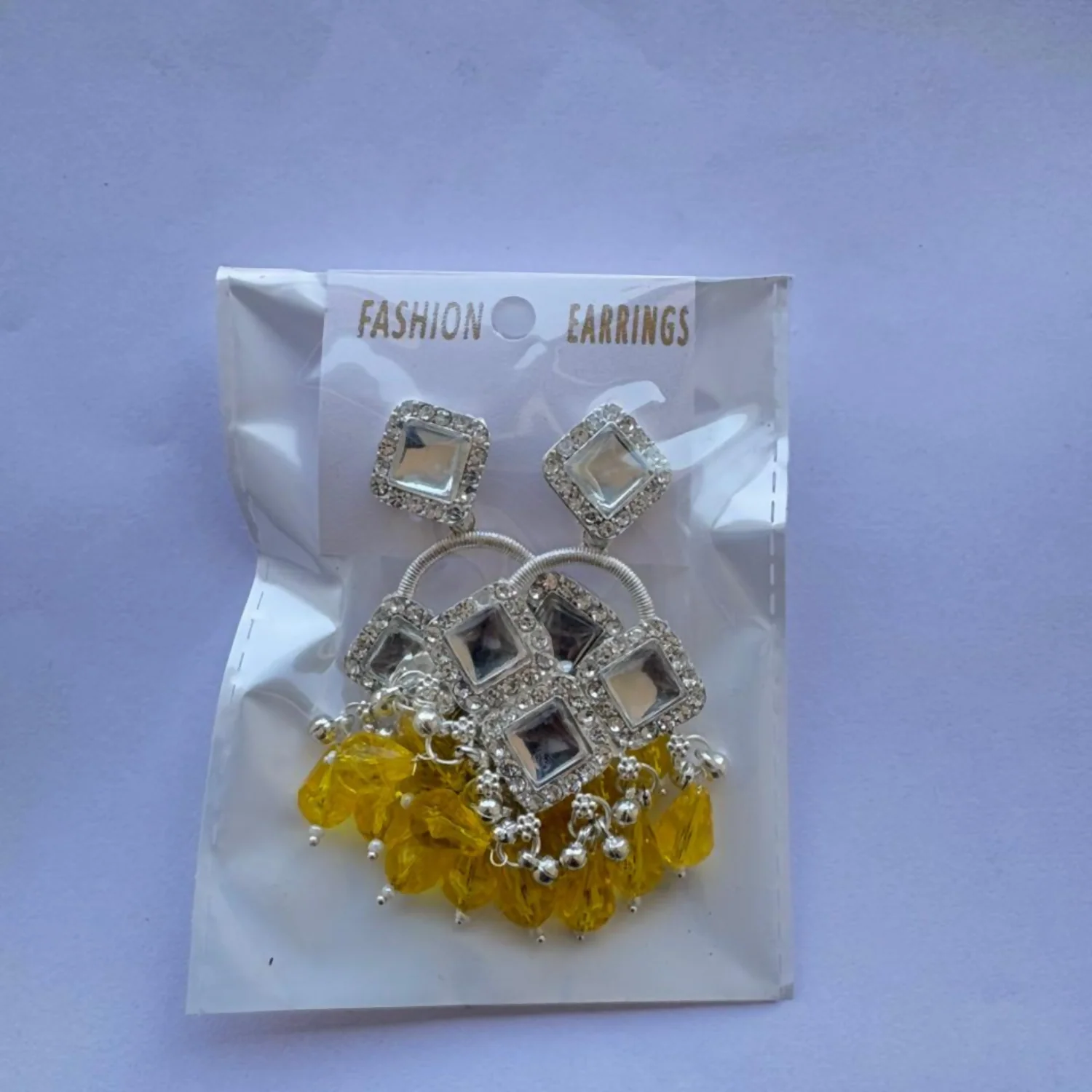 Elegant Silver Plated Chandelier Earrings Featuring Square Crystals and Yellow Teardrop Beads - Image 5