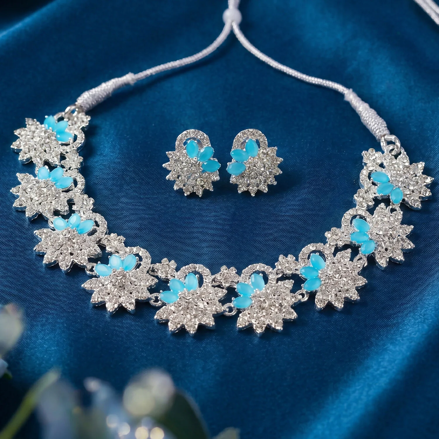 Elegant Silver-Plated Necklace Set with Earrings and Blue Gemstones - Image 2