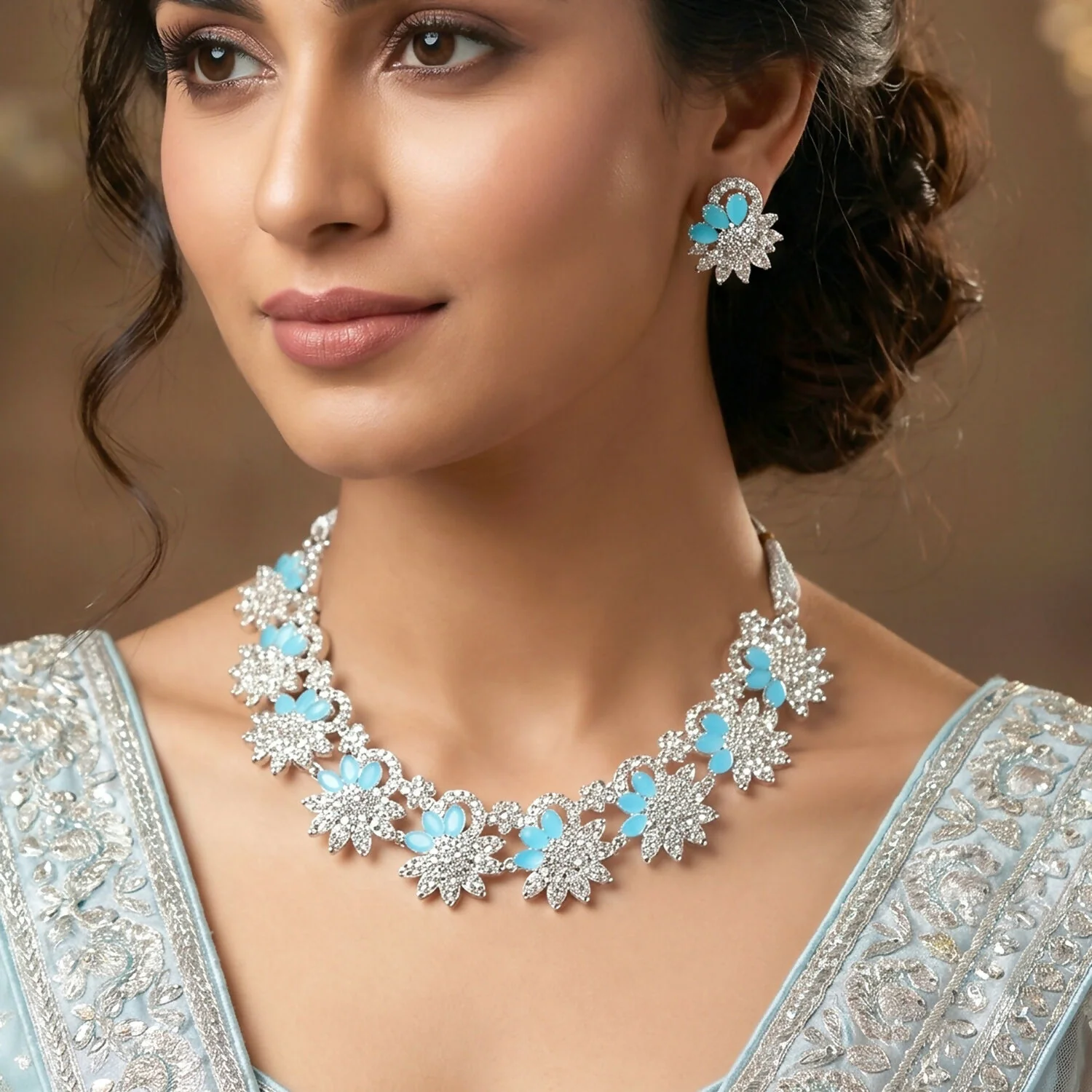 Elegant Silver-Plated Necklace Set with Earrings and Blue Gemstones - Image 3
