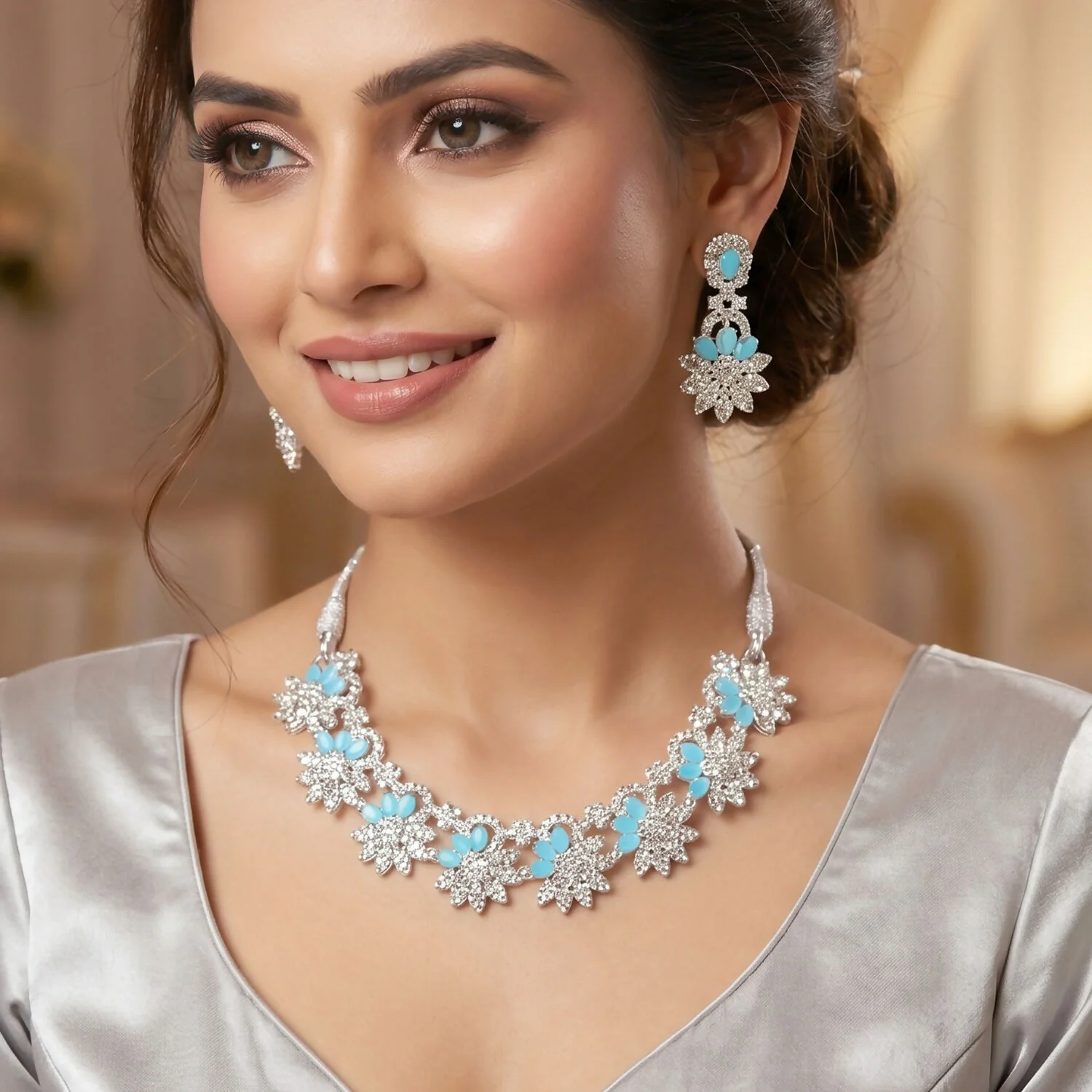 Elegant Silver-Plated Necklace Set with Earrings and Blue Gemstones - Image 5