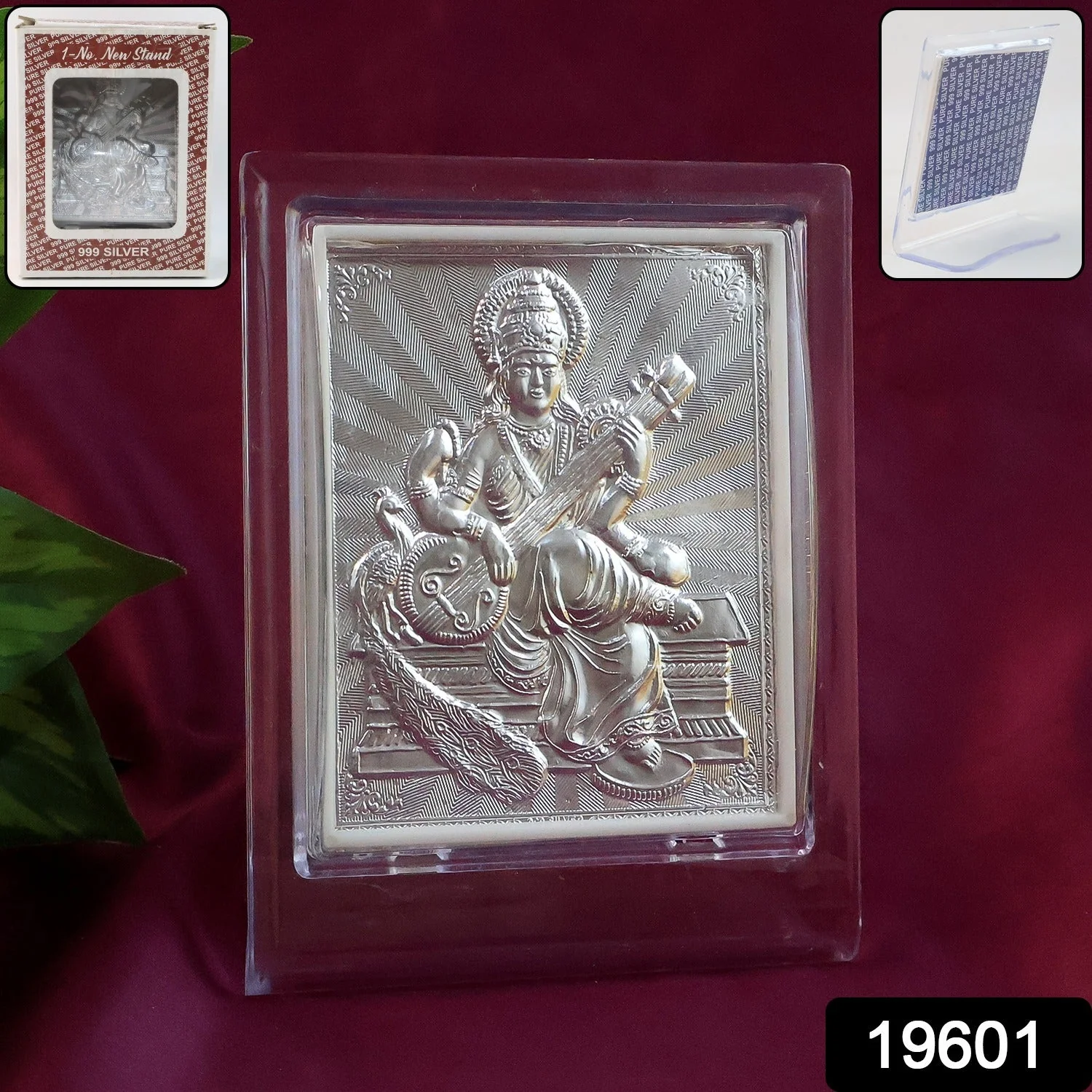 Elegant Silver Saraswati Maa Photo Frame with Stand (1 Pc) - Image 2