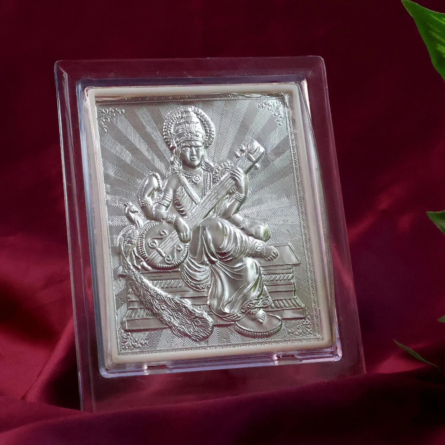 Elegant Silver Saraswati Maa Photo Frame with Stand (1 Pc) - Image 6