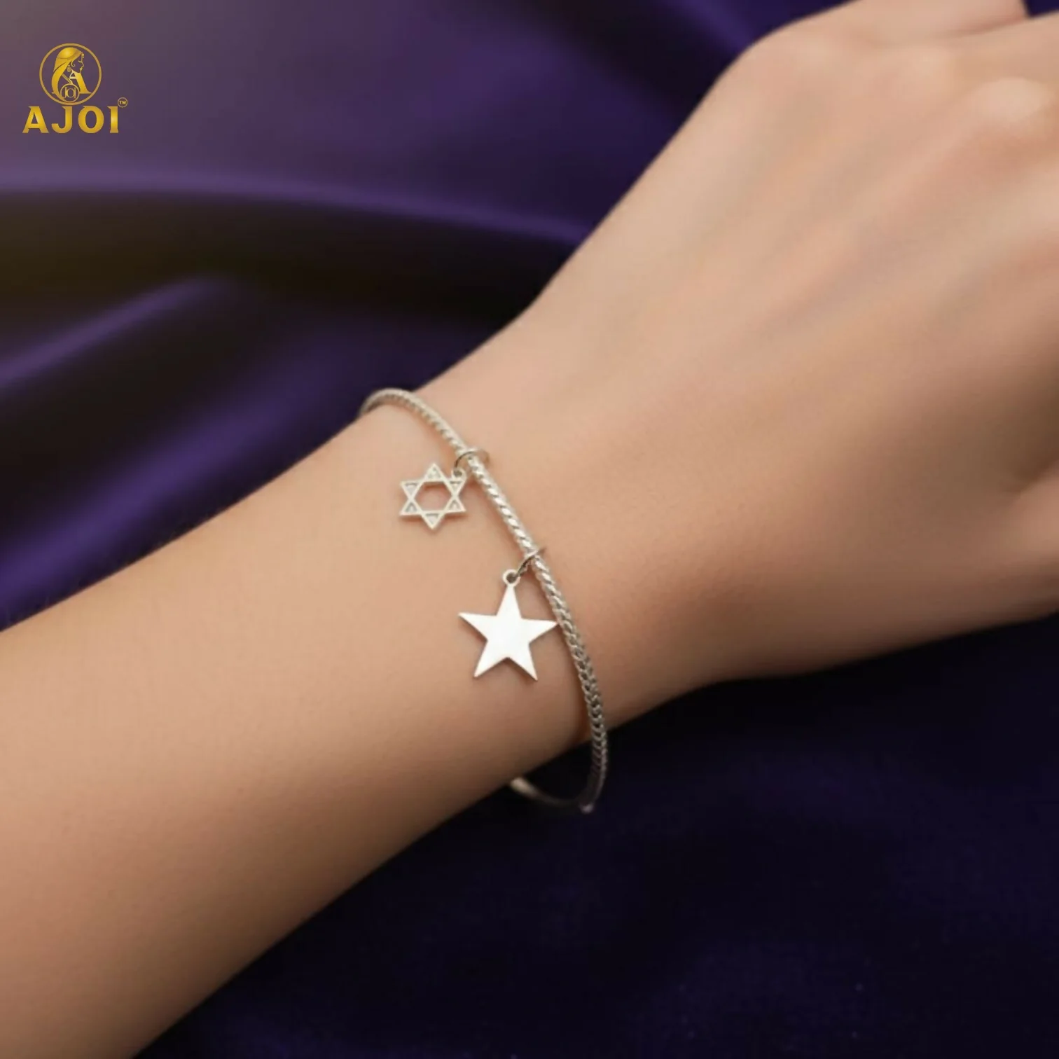 Elegant Silver Star & Hexagon Charm Bracelet - Image 2