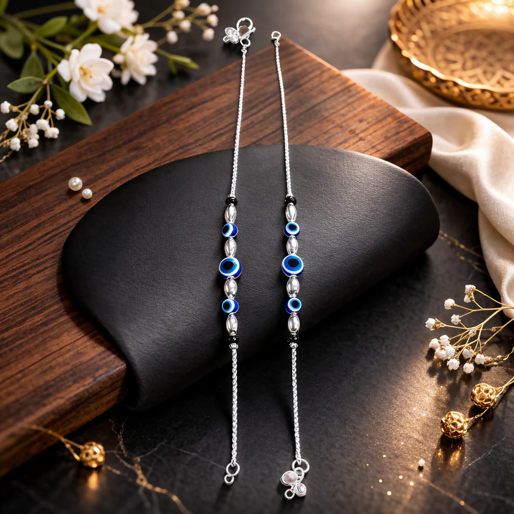 Elegant Silver-Tone Evil Eye Beaded Anklet for Women - Image 2