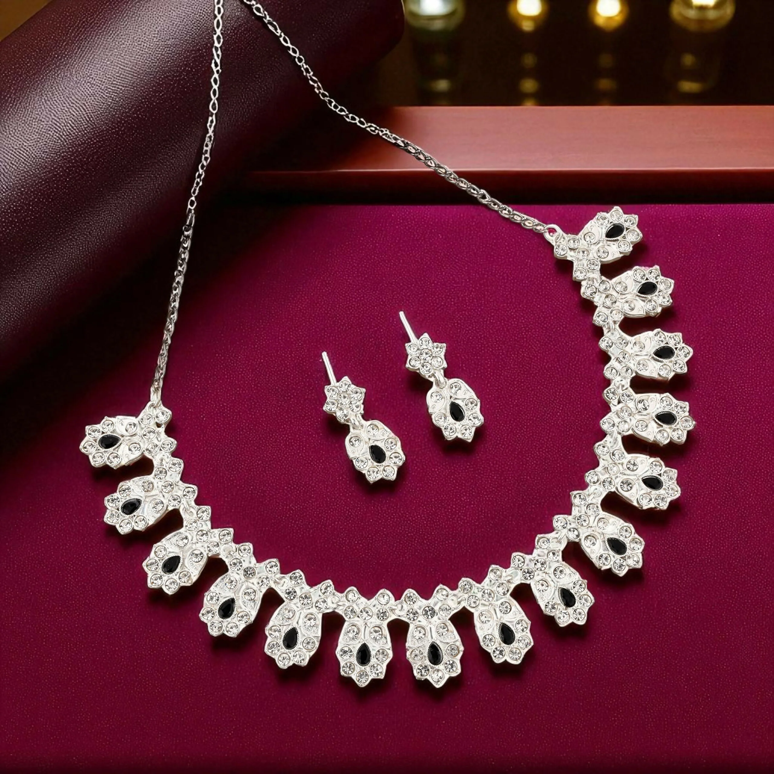Elegant Silver-Toned American Diamond & Black Stone Set - Image 3