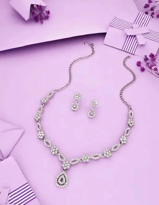 Elegant Silver-Toned American Diamond Jewellery Set - Image 3