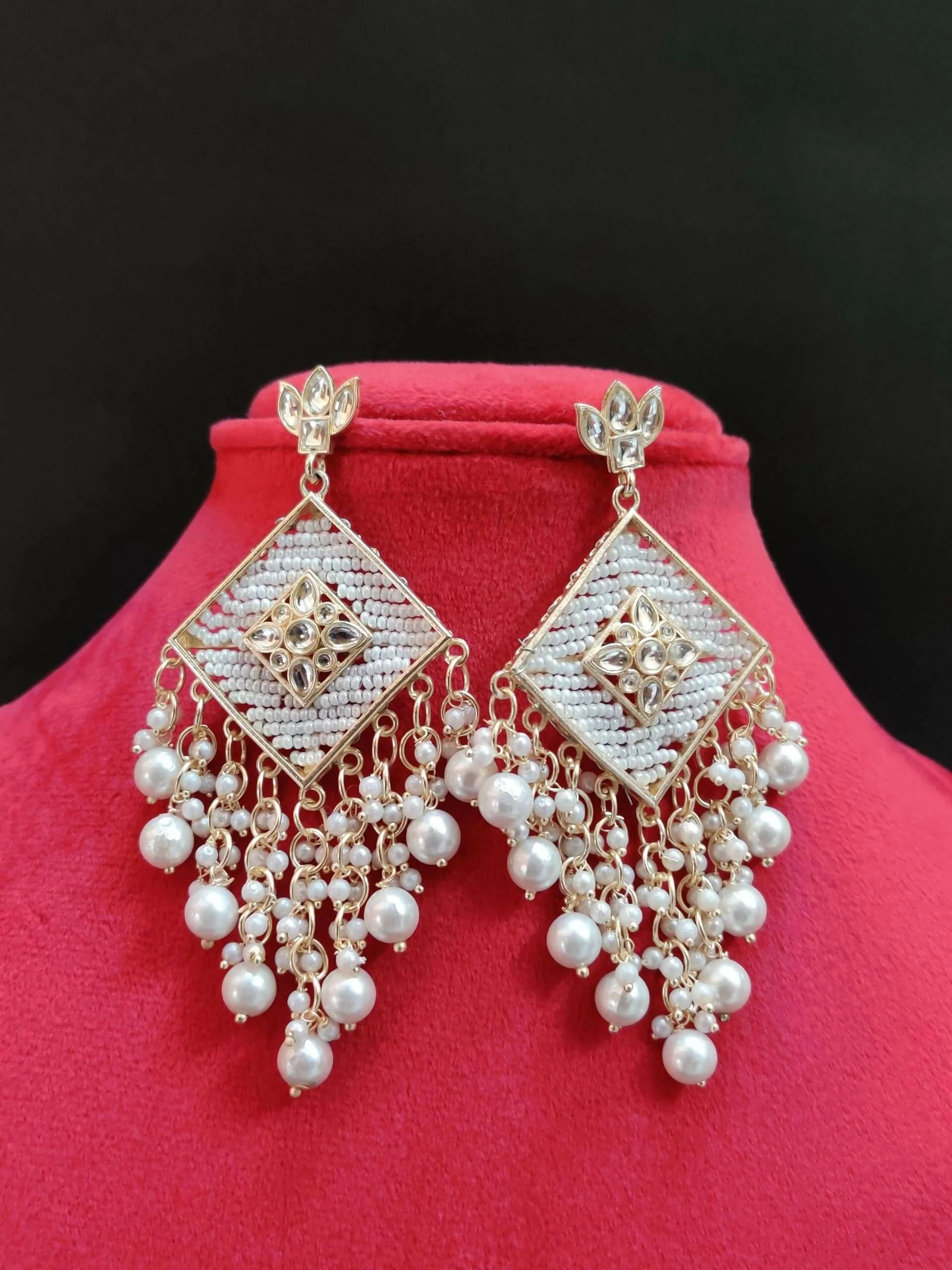 Elegant Silver-Toned Kundan Chandelier Earrings with Traditional Pearl Jhumka Drops - Image 2