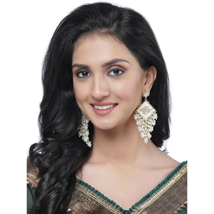 Elegant Silver-Toned Kundan Chandelier Earrings with Traditional Pearl Jhumka Drops - Image 3