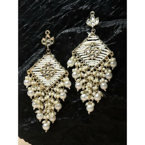 Elegant Silver-Toned Kundan Chandelier Earrings with Traditional Pearl Jhumka Drops - Image 4