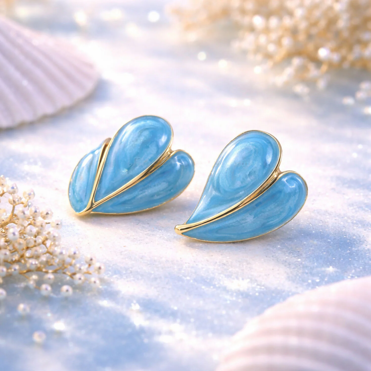 Elegant Sky Blue Glossy Leaf Design Stud Earrings with Gold Finish for Women - Image 3