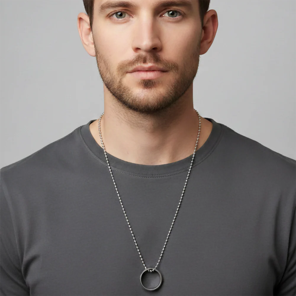 Elegant Small Silver Round Shape Pendant Necklace for Men - Image 2