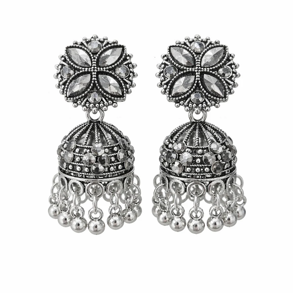 ELEGANT TRADITIONAL SILVER OXIDISE JHUMKA EARRINGS - Image 2