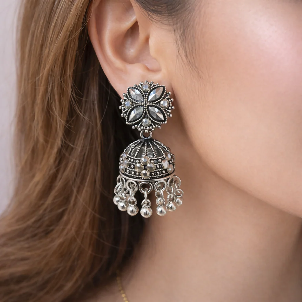 ELEGANT TRADITIONAL SILVER OXIDISE JHUMKA EARRINGS - Image 3