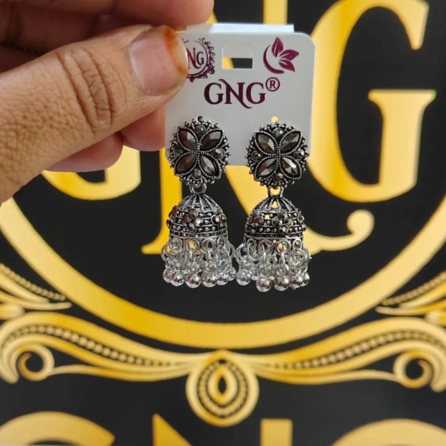 ELEGANT TRADITIONAL SILVER OXIDISE JHUMKA EARRINGS - Image 4