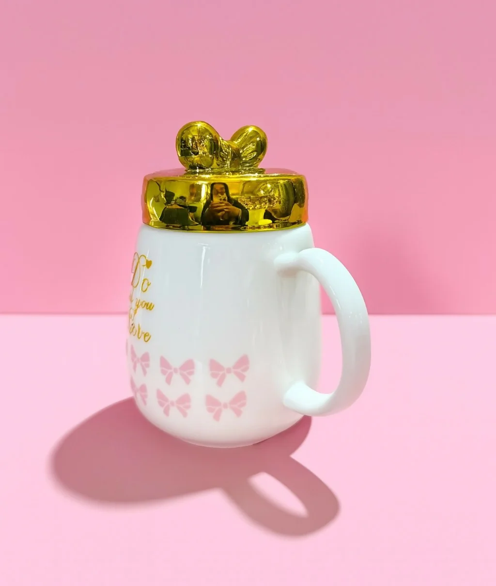 White Ceramic Mug with Golden Lid & Heart Handle – Do What You Love Print - Image 2