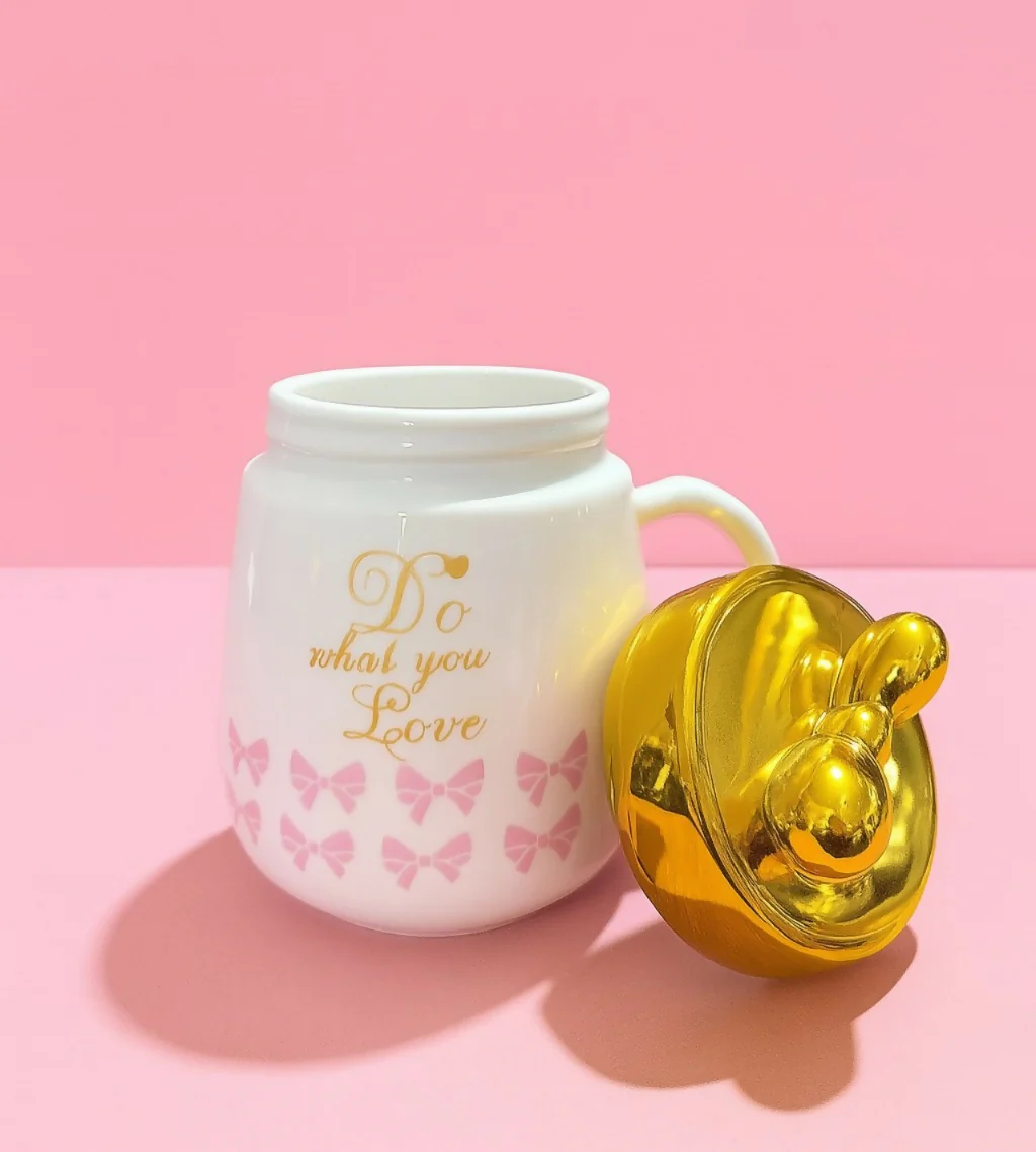 White Ceramic Mug with Golden Lid & Heart Handle – Do What You Love Print - Image 3