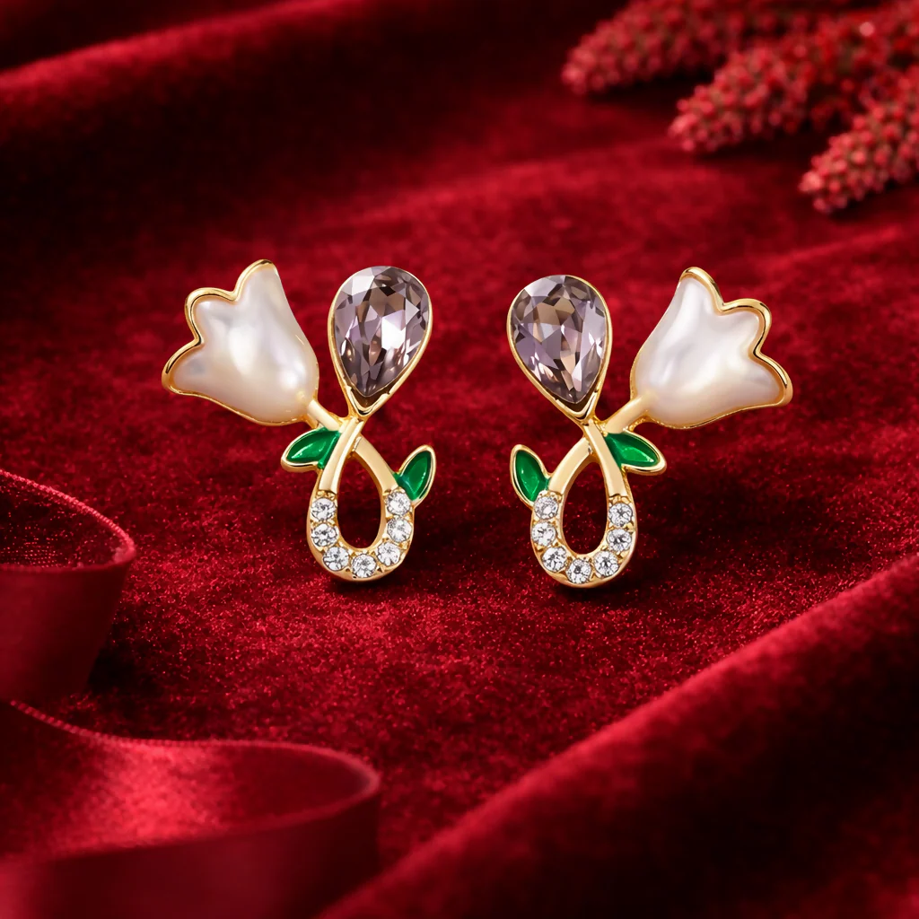 Elegant White Floral Stud Earrings for Women | Gold Plated Crystal Drop Design - Image 2