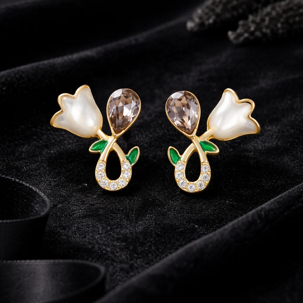 Elegant White Floral Stud Earrings for Women | Gold Plated Crystal Drop Design - Image 3