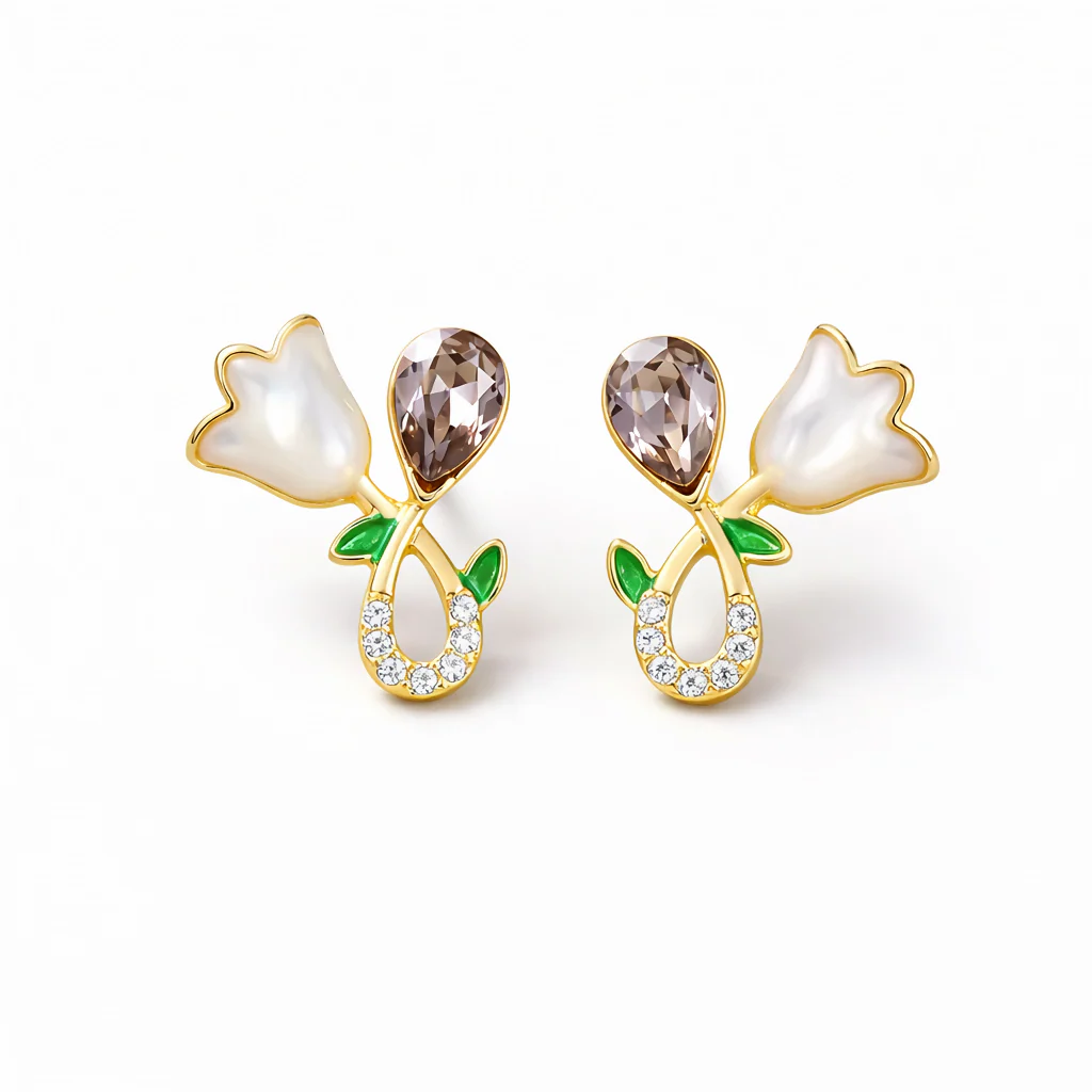 Elegant White Floral Stud Earrings for Women | Gold Plated Crystal Drop Design - Image 4