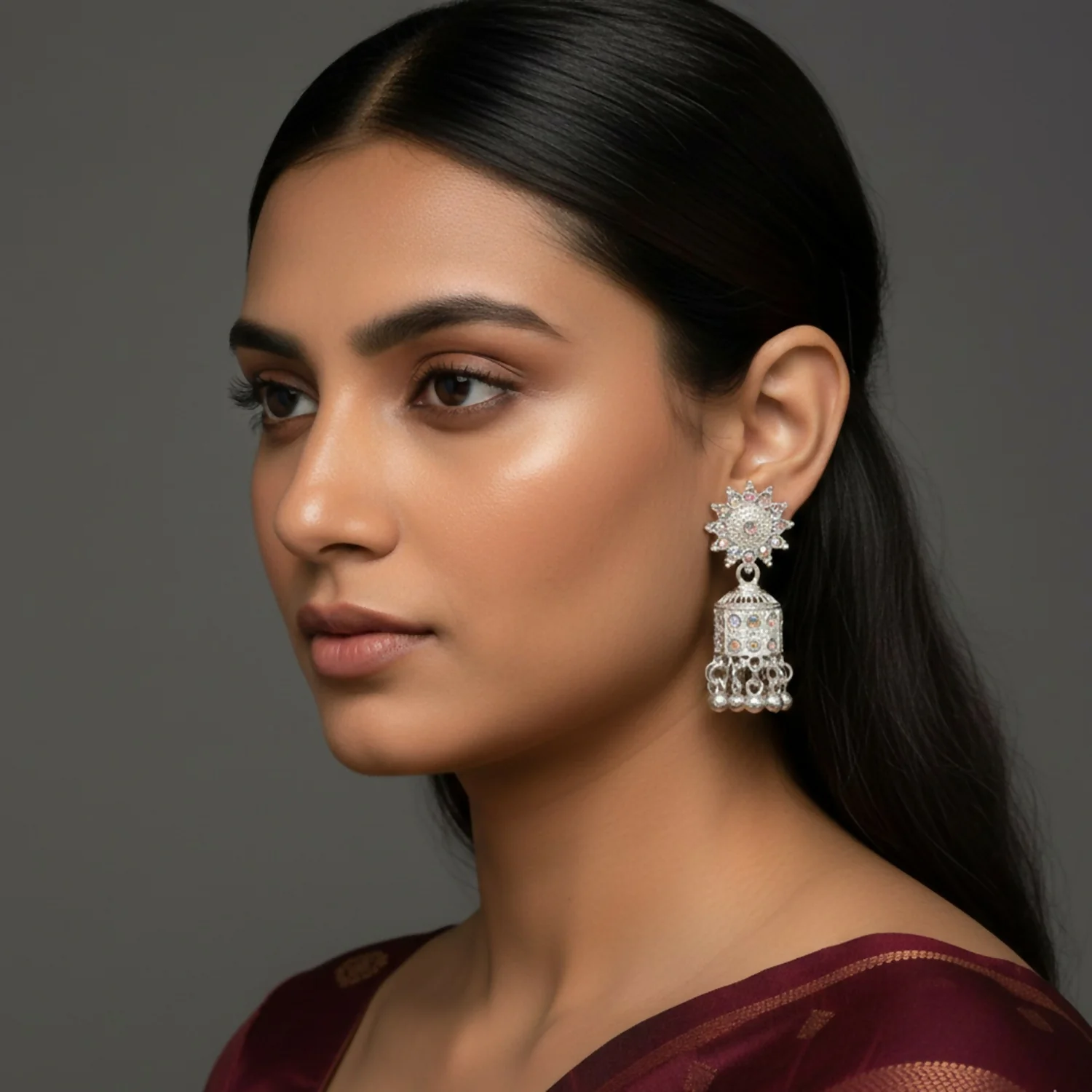 Elegant White Gold Look Jhumka Earings - Image 2