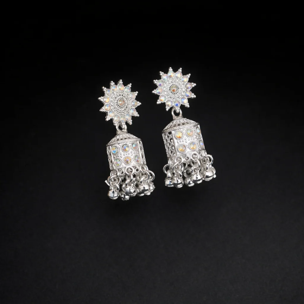 Elegant White Gold Look Jhumka Earings - Image 3