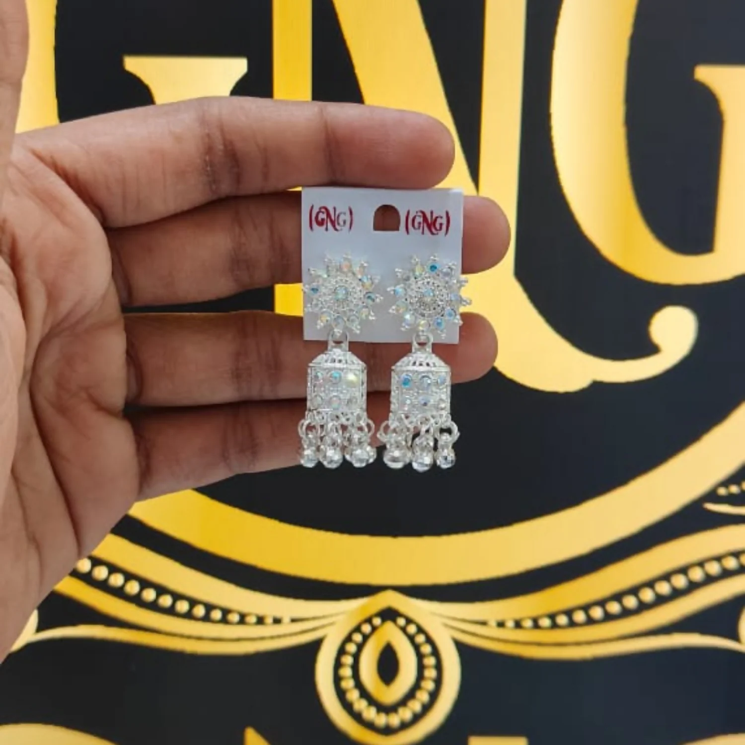 Elegant White Gold Look Jhumka Earings - Image 4
