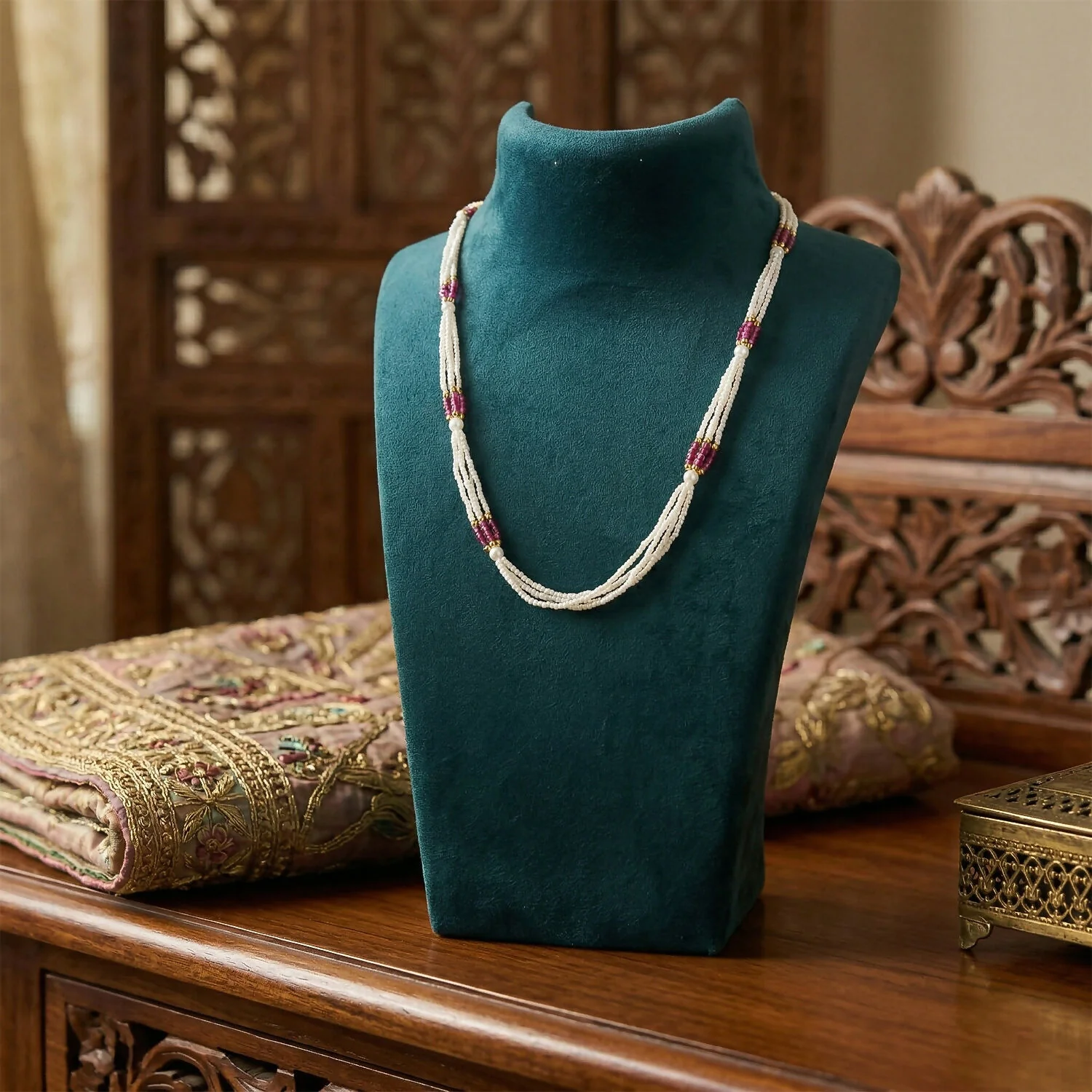 Elegant White Multi-Strand Beaded Mala Necklace with Pink Traditional Accents Handmade Design for Women - Image 2