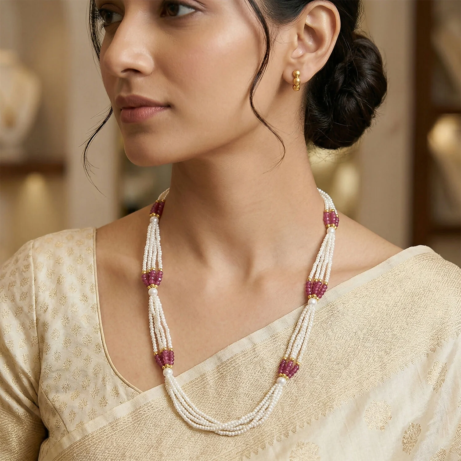 Elegant White Multi-Strand Beaded Mala Necklace with Pink Traditional Accents Handmade Design for Women - Image 3