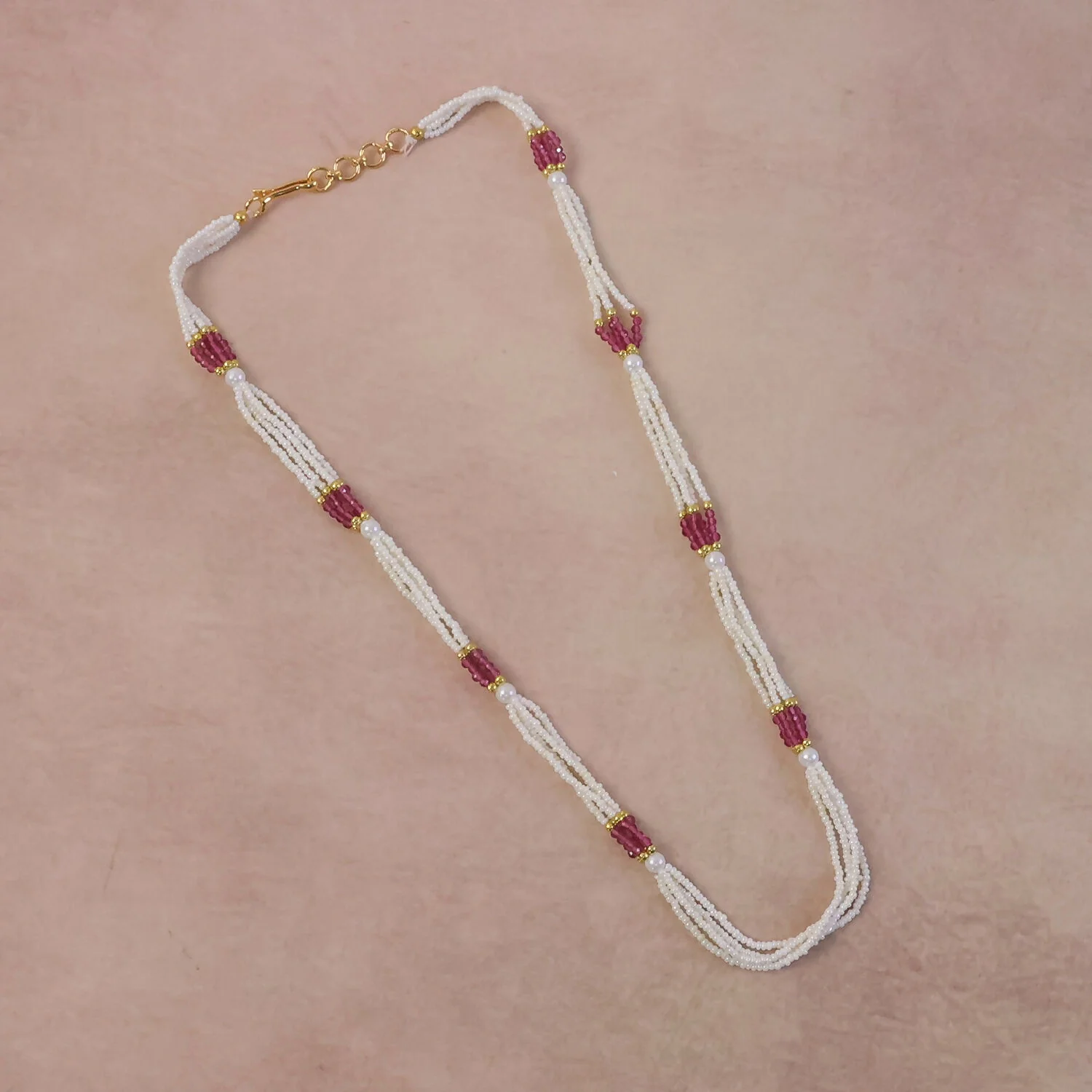 Elegant White Multi-Strand Beaded Mala Necklace with Pink Traditional Accents Handmade Design for Women - Image 4