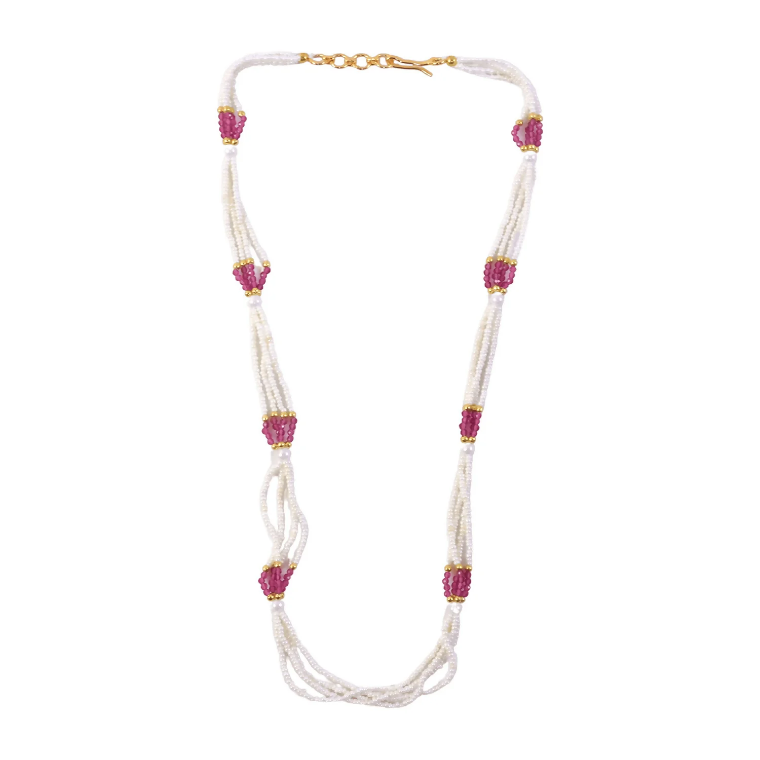Elegant White Multi-Strand Beaded Mala Necklace with Pink Traditional Accents Handmade Design for Women - Image 5