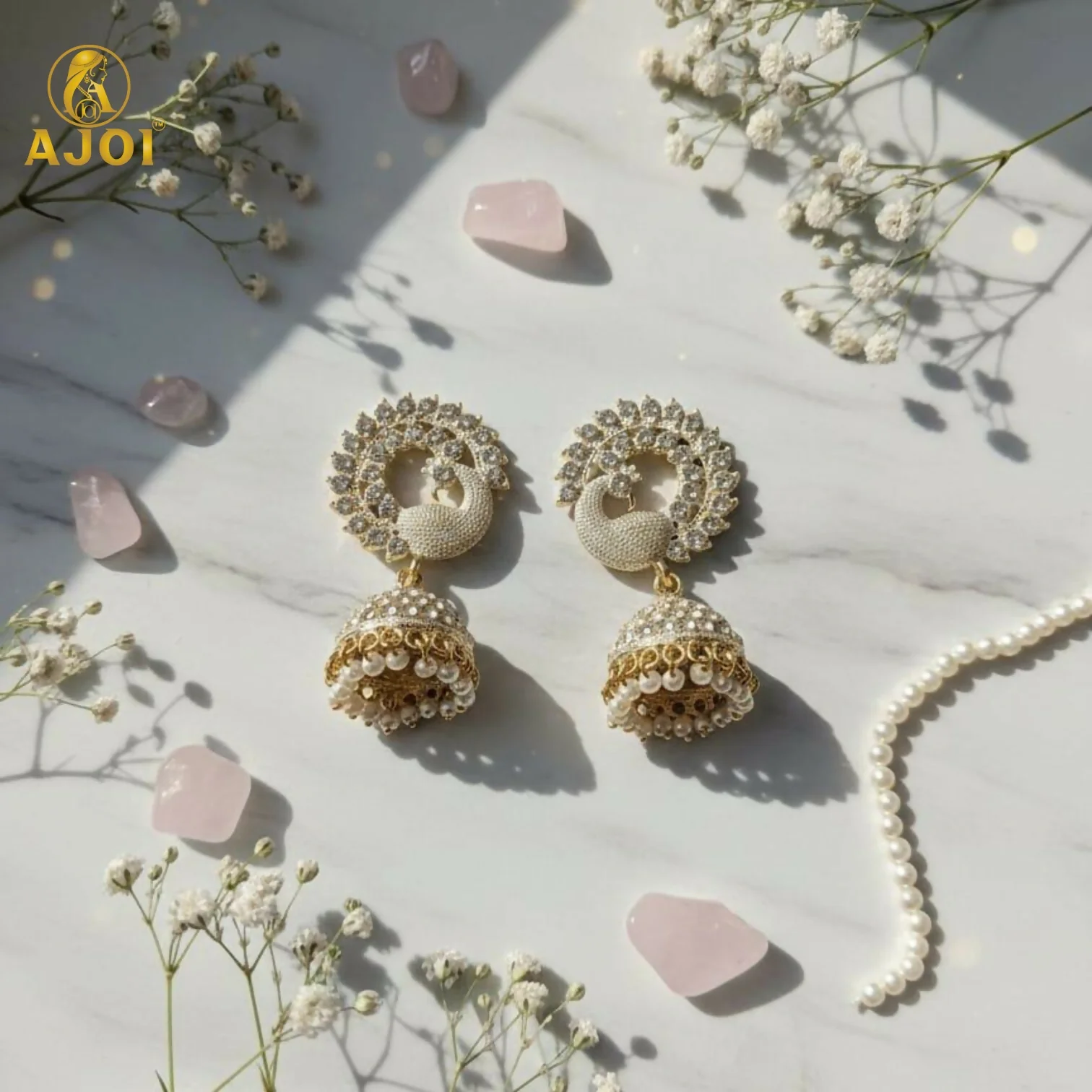 Elegant White Stone Pearl Jhumka Earrings - Image 3