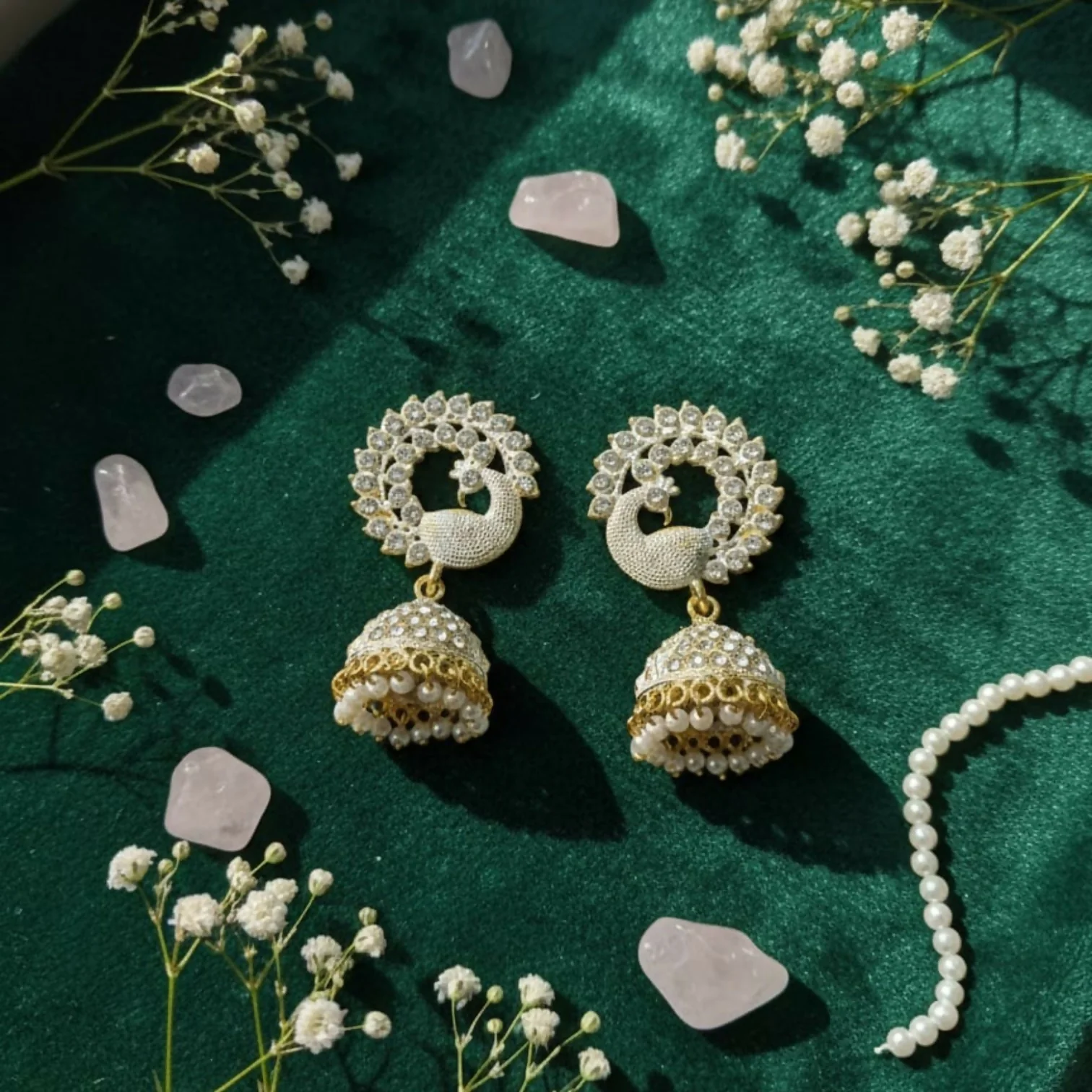 Elegant White Stone Pearl Jhumka Earrings - Image 4