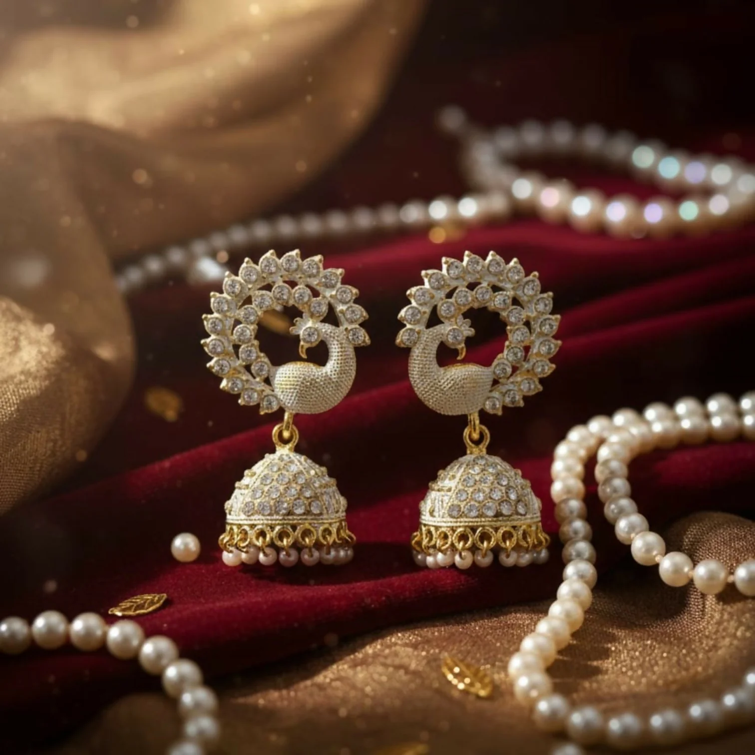 Elegant White Stone Pearl Jhumka Earrings - Image 5
