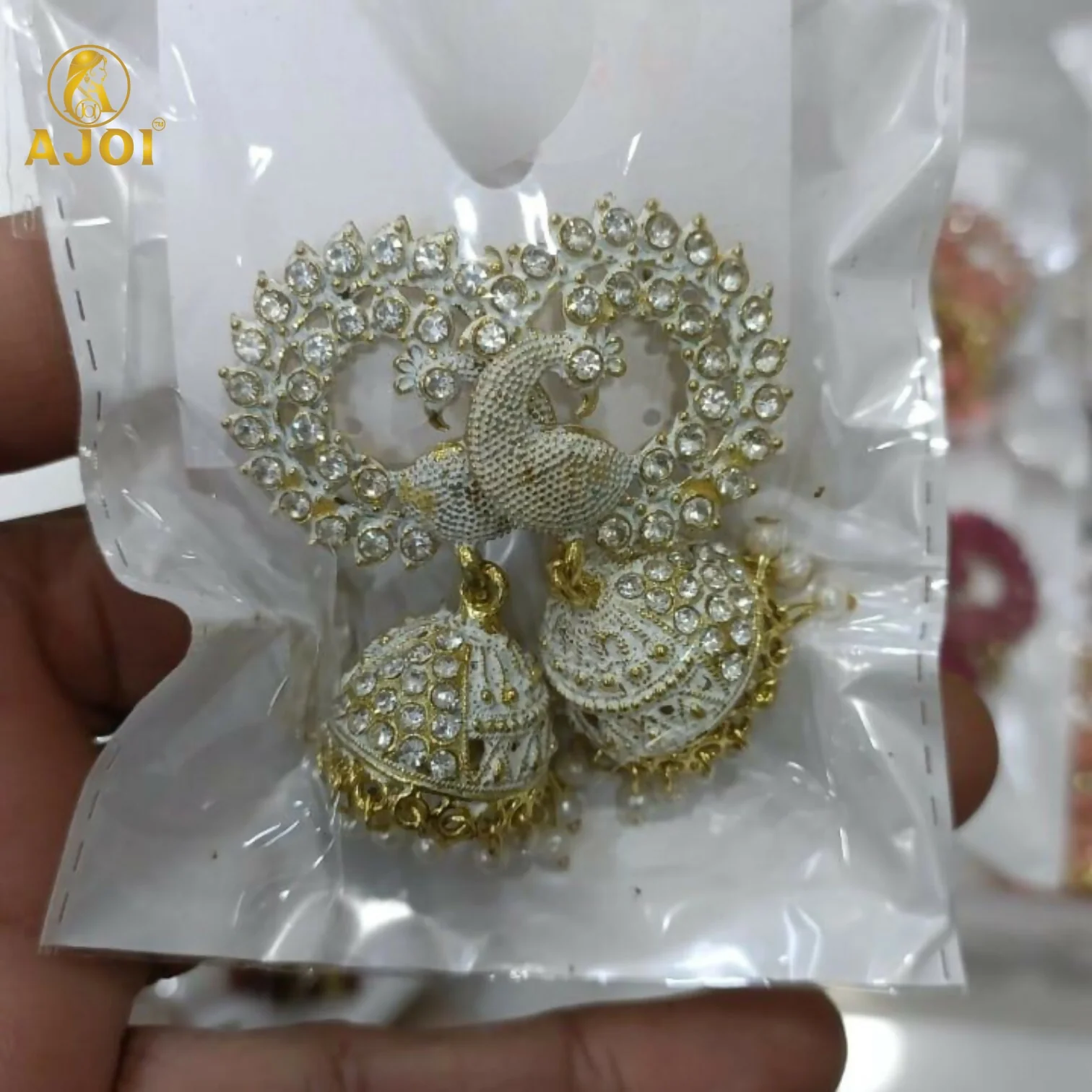 Elegant White Stone Pearl Jhumka Earrings - Image 6
