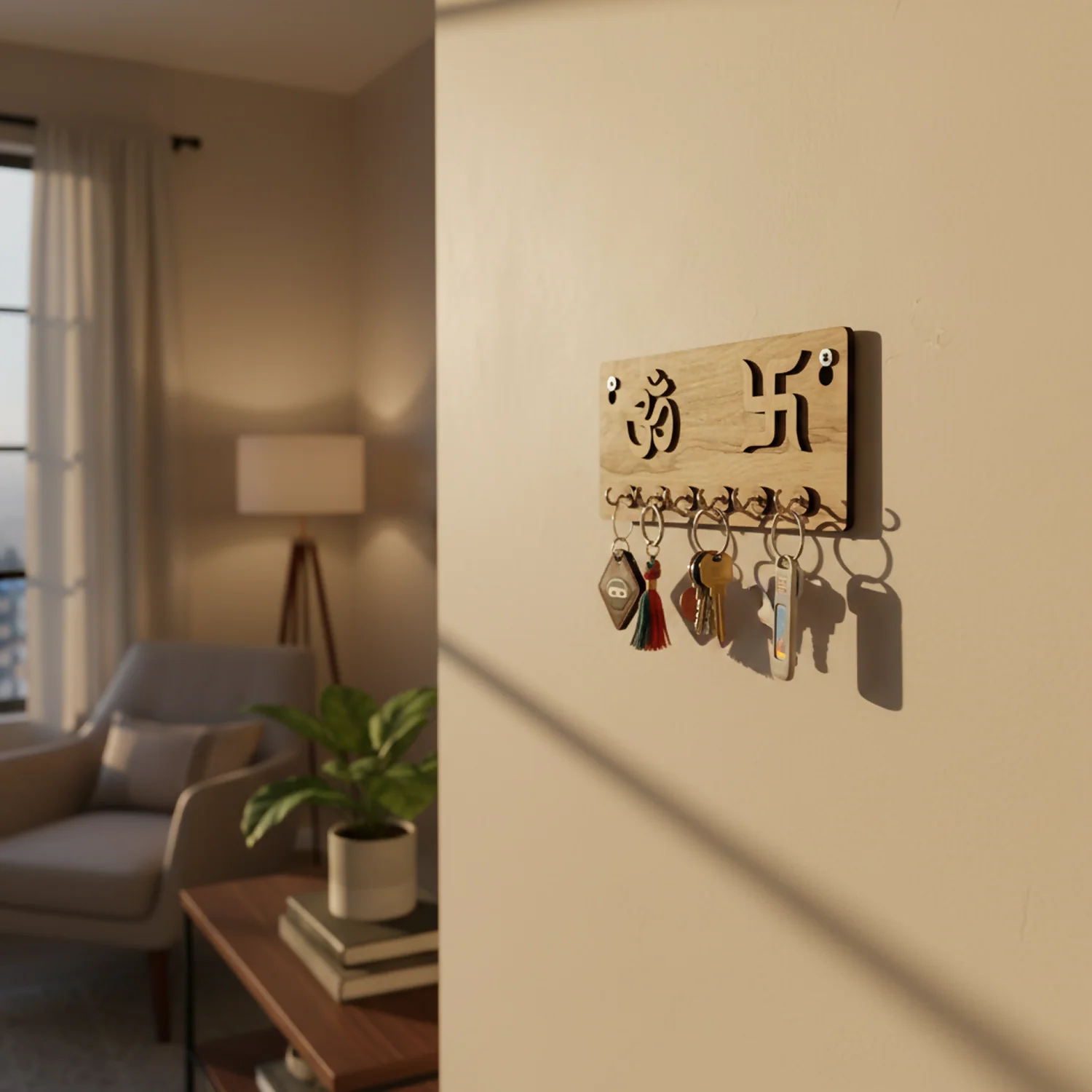Embossed Om & Swastik Wooden Key Holder for Wall – Premium MDF Wall Key Organizer | Auspicious Home Décor - Image 2