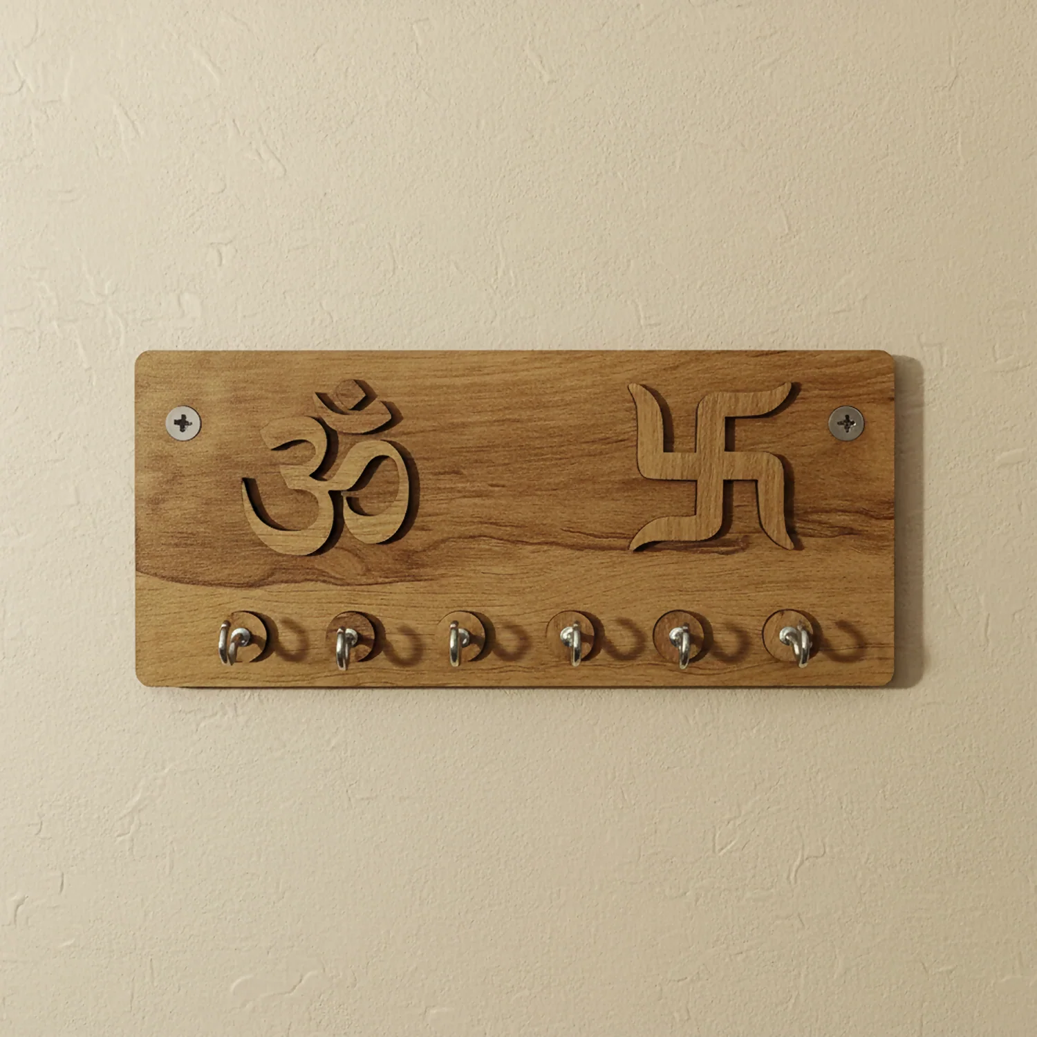 Embossed Om & Swastik Wooden Key Holder for Wall – Premium MDF Wall Key Organizer | Auspicious Home Décor - Image 3
