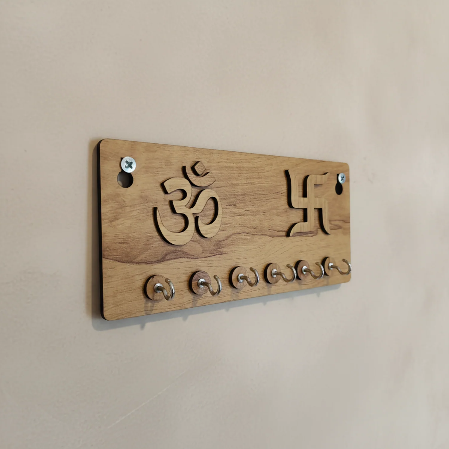 Embossed Om & Swastik Wooden Key Holder for Wall – Premium MDF Wall Key Organizer | Auspicious Home Décor - Image 4