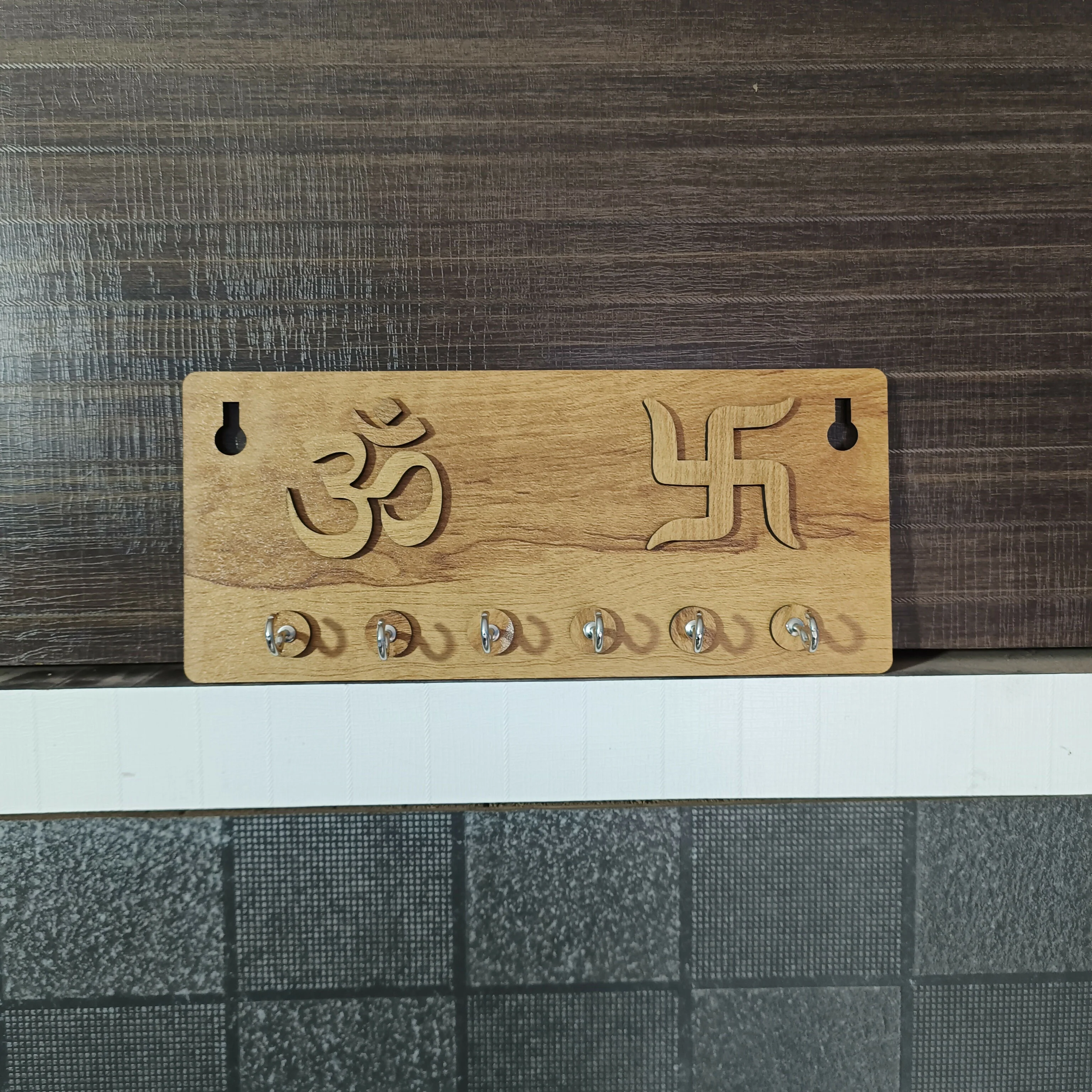 Embossed Om & Swastik Wooden Key Holder for Wall – Premium MDF Wall Key Organizer | Auspicious Home Décor - Image 5