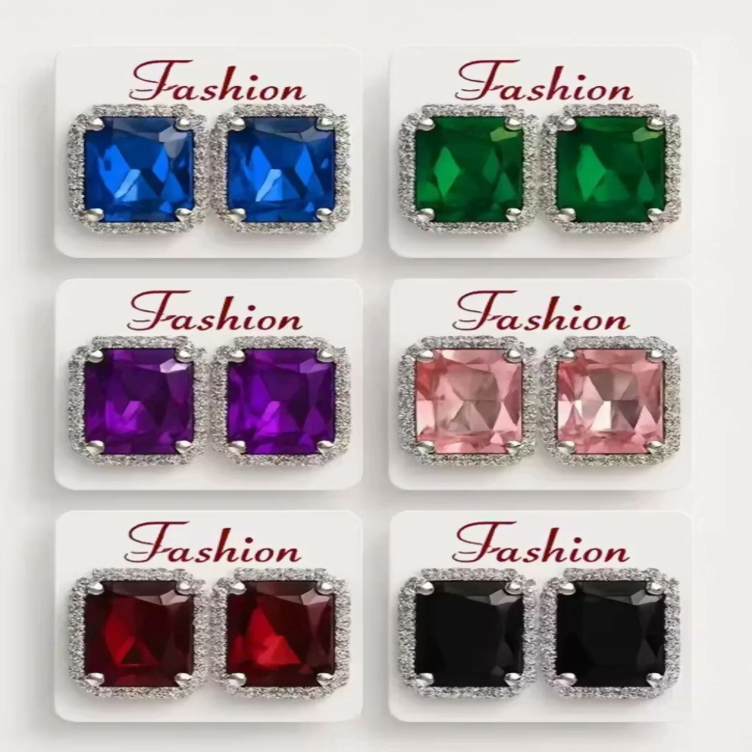 Emerald Cut Crystal Stud Earring Set, Multi-Color Royal Gemstone Collection - Set of 12Pair - Image 2