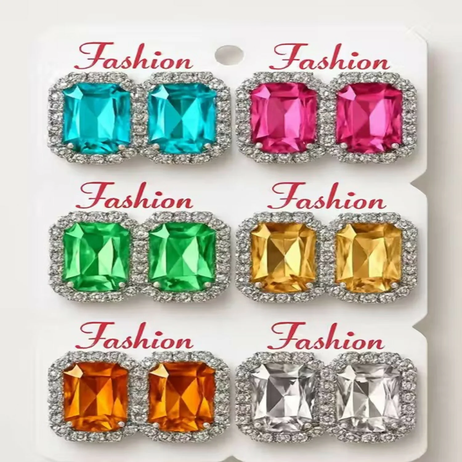 Emerald Cut Crystal Stud Earring Set, Multi-Color Royal Gemstone Collection - Set of 12Pair - Image 3
