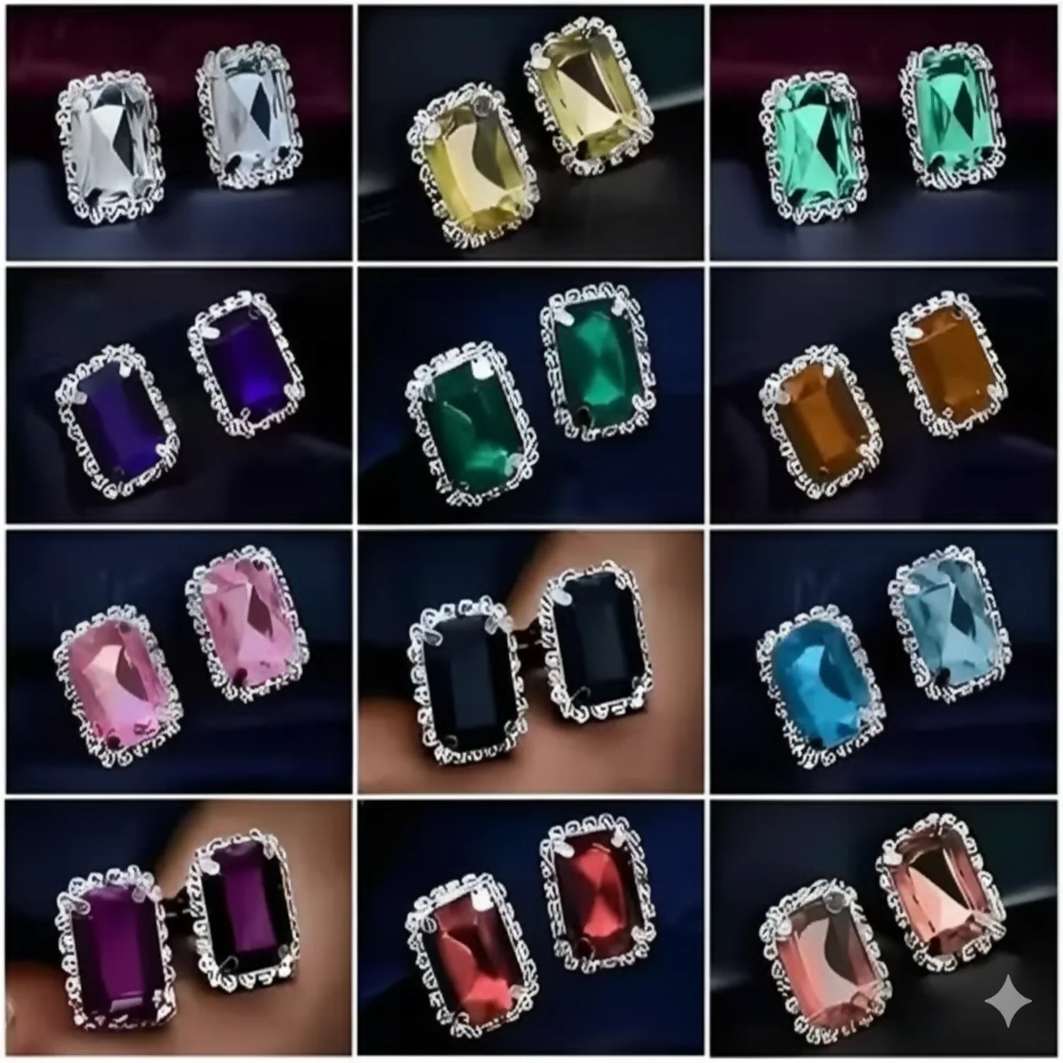Emerald Cut Crystal Stud Earring Set, Multi-Color Royal Gemstone Collection - Set of 12Pair - Image 4