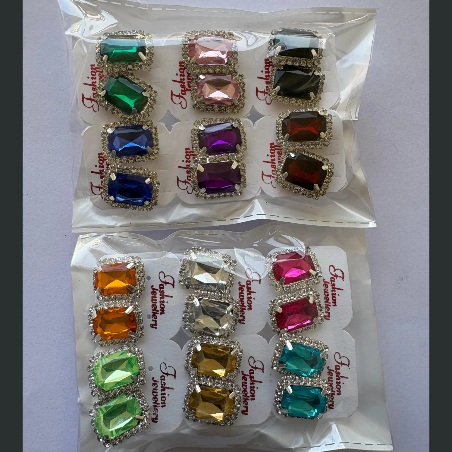 Emerald Cut Crystal Stud Earring Set, Multi-Color Royal Gemstone Collection - Set of 12Pair - Image 5